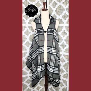 Quagga Women's Black & Gray Plaid Hooded Poncho Wrap Vest One Size